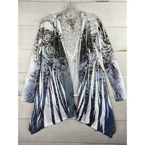 LOVE J Open Cardigan Womens S Blue Sublimation Asymmetrical Knit Crochet Lace